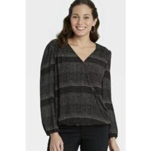 2/$15 Knox Rose Faux Wrap Striped Top Black Long Sleeve Size L